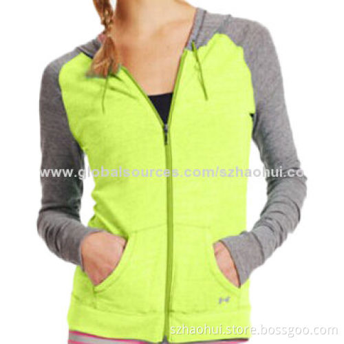 Women's fluorescent green sports tops with contrast sleeves, custom designs and brands available